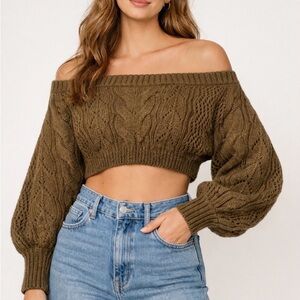Women's Off-Shoulder Cable Knit Sweater - Olive